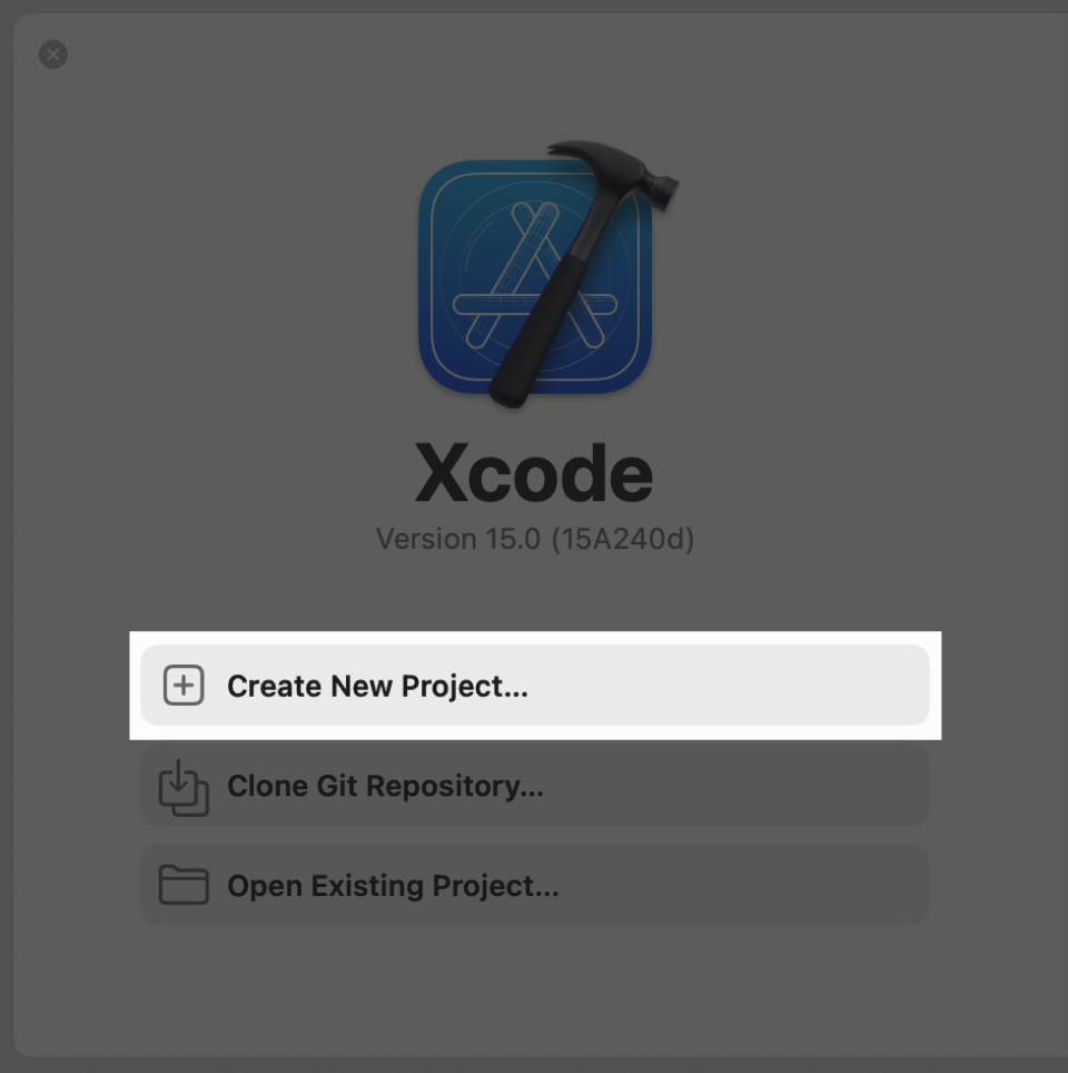 A screenshot of the Xcode welcome screen. There are three options to choose from when you open Xcode: Create New Project, Clone Git Repository, and Open Existing Project. The first option is highlighted.