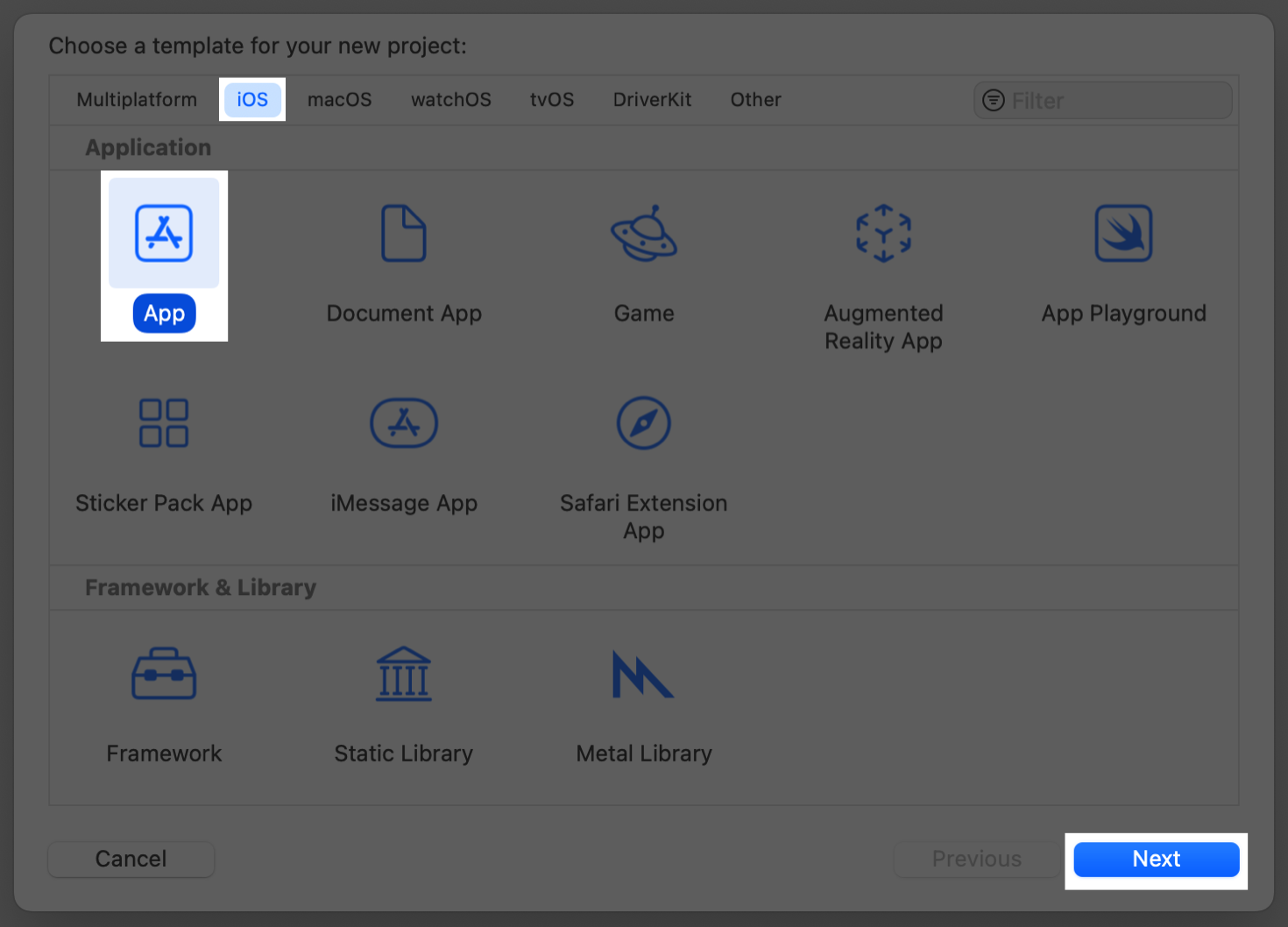 A screenshot of the template selector sheet in Xcode. In the top row, iOS is selected as the platform. In the Application section, App is selected as the template. The Next button in the lower-right corner is highlighted.