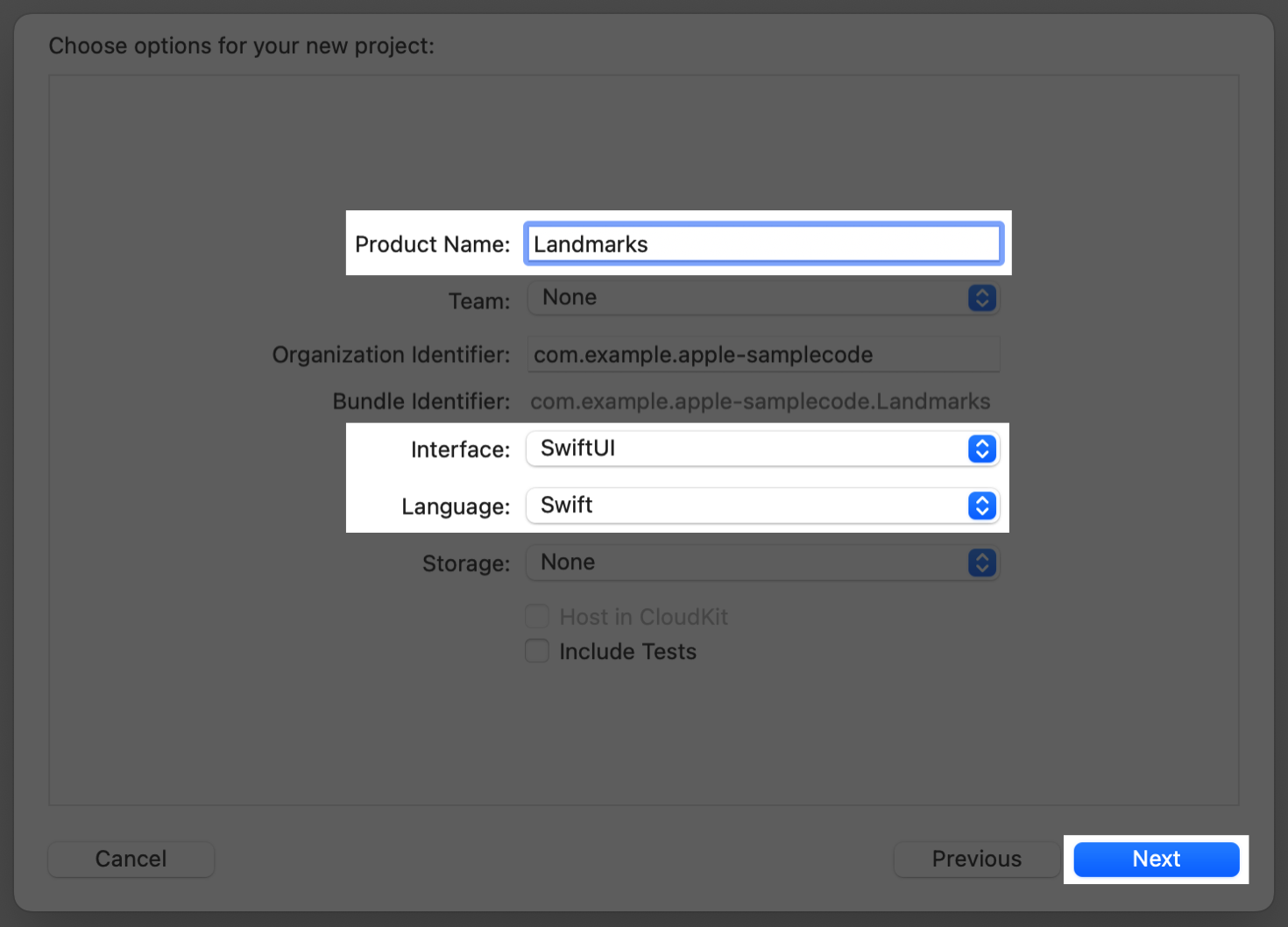 A screenshot of the project sheet which shows the name Landmarks filled in for the Product Name. The interface is set to SwiftUI, and the language is set to Swift.