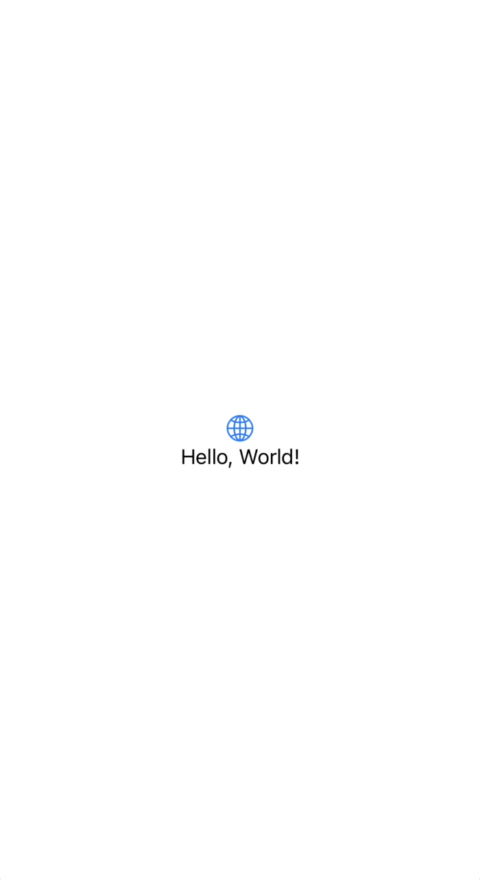 A screenshot from the Xcode preview as it would appear on iPhone, with the image of a globe and the text, Hello, world, centered in the middle of the display.